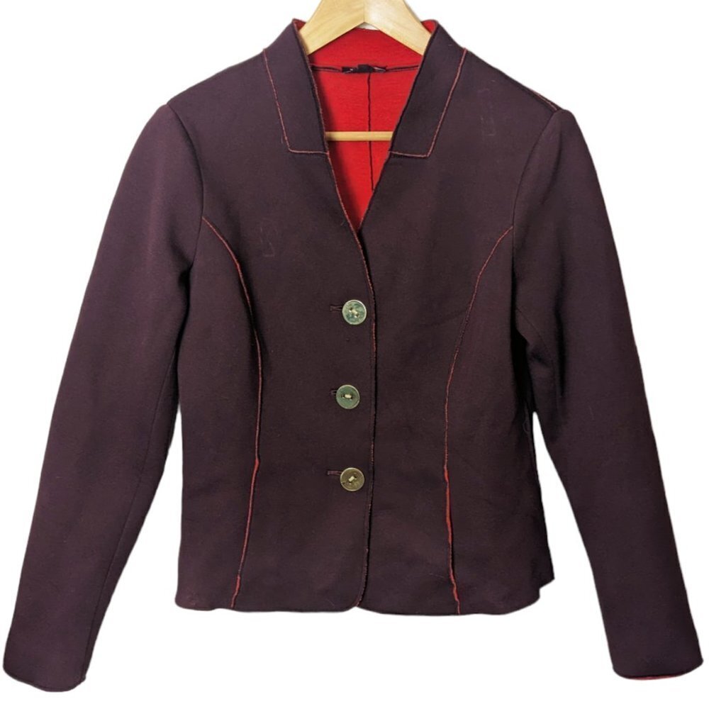 WORTH New York Blazer Jacket Raw Hem Fitted Size 6 Burgundy Neon Orange